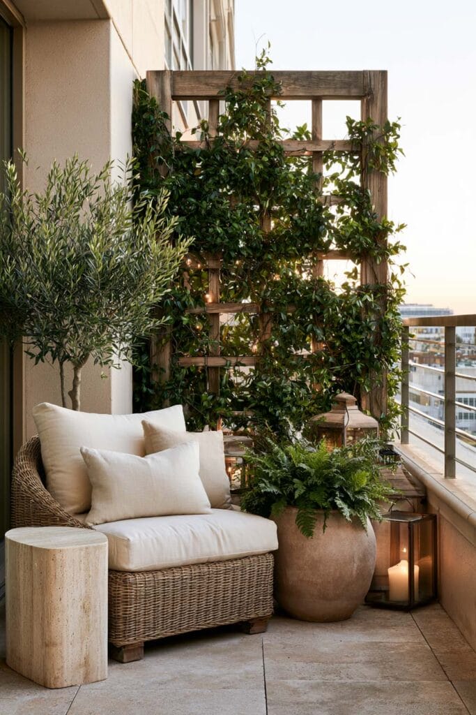 Small secret garden balcony with climbing vine trellis, wicker chair, olive tree, lanterns, and cozy European balcony decor.