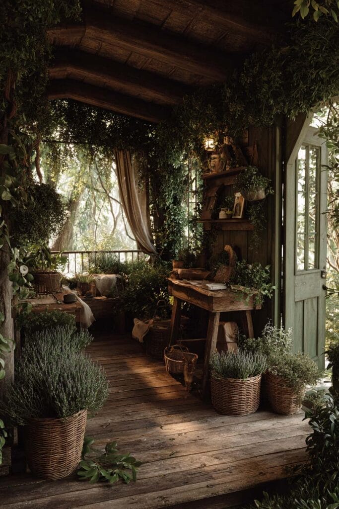 A cozy cottagecore balcony with potted lavender, fresh herbs, wicker baskets, a rustic wooden potting bench, climbing greenery, linen curtains, and vintage decor creating a charming herb garden retreat.