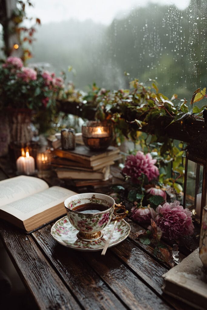 A cozy cottagecore balcony tea table with a vintage floral teacup, open book, glowing candles, fresh pink flowers, climbing vines, and rain-covered windows creating a peaceful outdoor retreat.