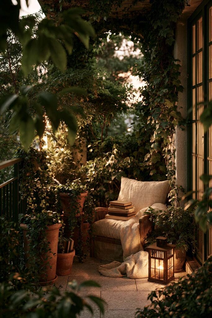 Hidden secret garden balcony reading nook with a cozy armchair, glowing lantern, climbing vines, terracotta planters, books, and warm evening lighting.