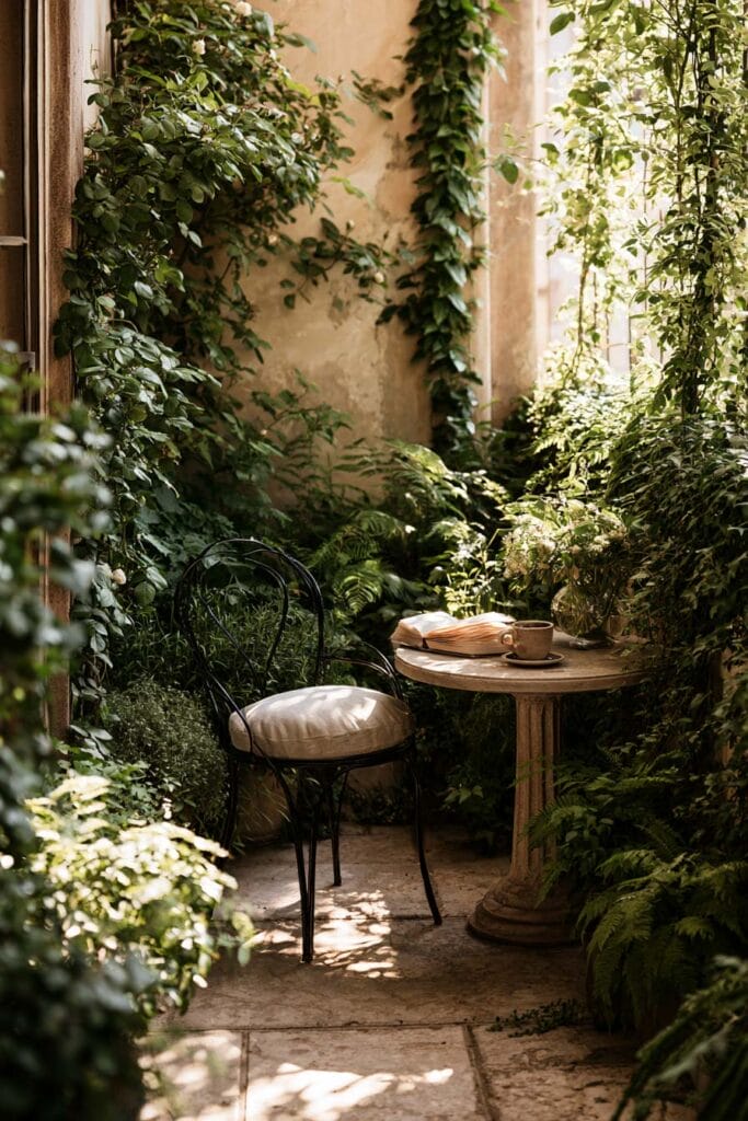 Lush balcony reading nook with climbing vines, ferns, flowering plants, a bistro chair, and a stone café table creating a peaceful secret garden retreat.