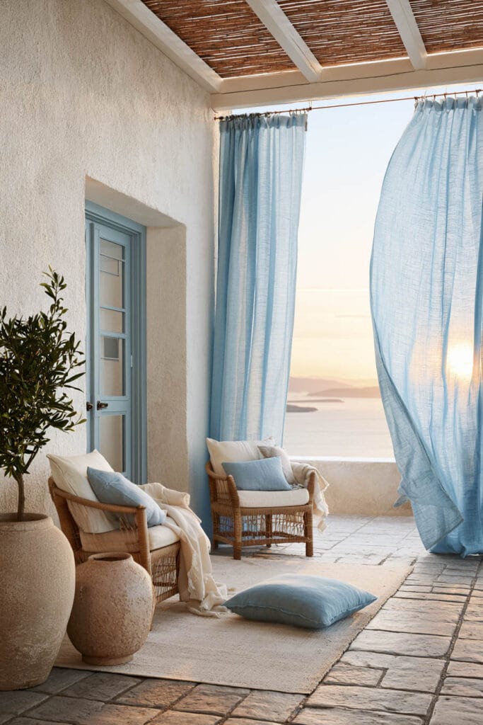 Romantic European balcony with flowing blue linen curtains, woven lounge chairs, white stucco walls, stone flooring, rustic pottery, and Mediterranean coastal decor overlooking the sea.