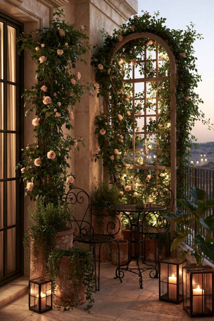Secret garden balcony with climbing rose trellis, wrought iron bistro set, lanterns, terracotta planters, and European balcony decor.