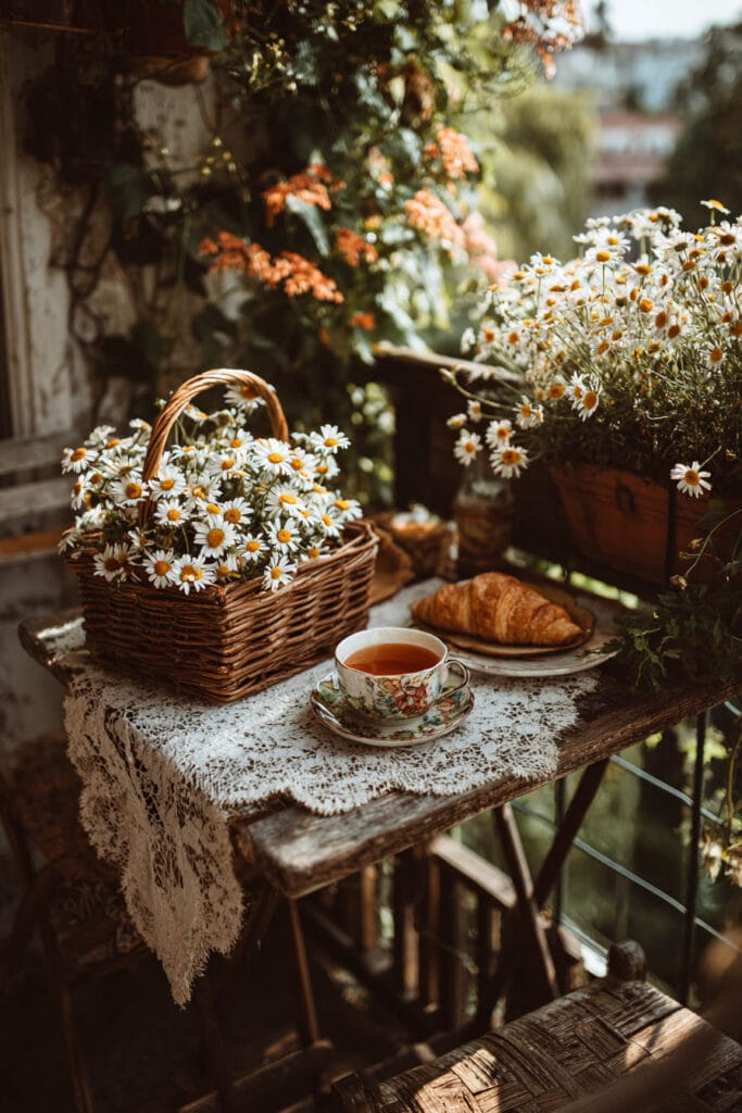 Small cottagecore apartment balcony featuring a rustic wooden tea table with a lace tablecloth, wicker basket of daisies, vintage floral teacup, fresh croissant, and overflowing flower boxes creating a cozy tea corner.