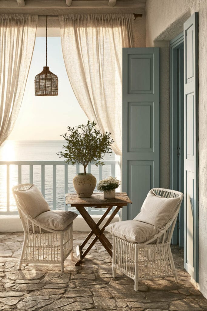 Beautiful European balcony with Greek island style, whitewashed walls, blue shutters, wicker chairs, linen curtains, rustic wood table, olive tree, and ocean view.
