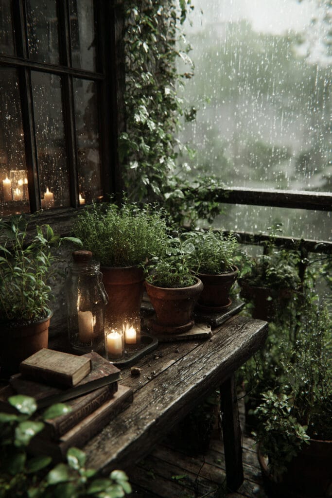 A cozy cottagecore balcony with terracotta herb pots, rustic wooden table, glowing candles, vintage books, climbing vines, and a rainy garden view creating a peaceful outdoor retreat.