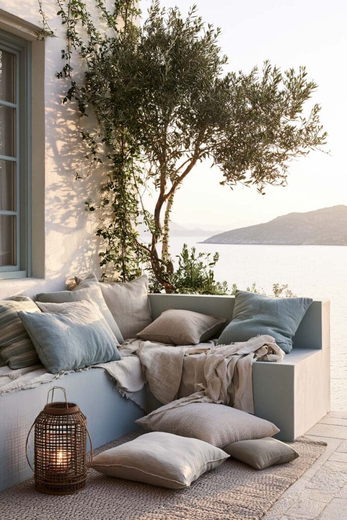 Cozy Mediterranean coastal balcony with built-in seating, linen cushions, olive tree, woven lantern, climbing vines, and ocean views creating a relaxing European getaway.