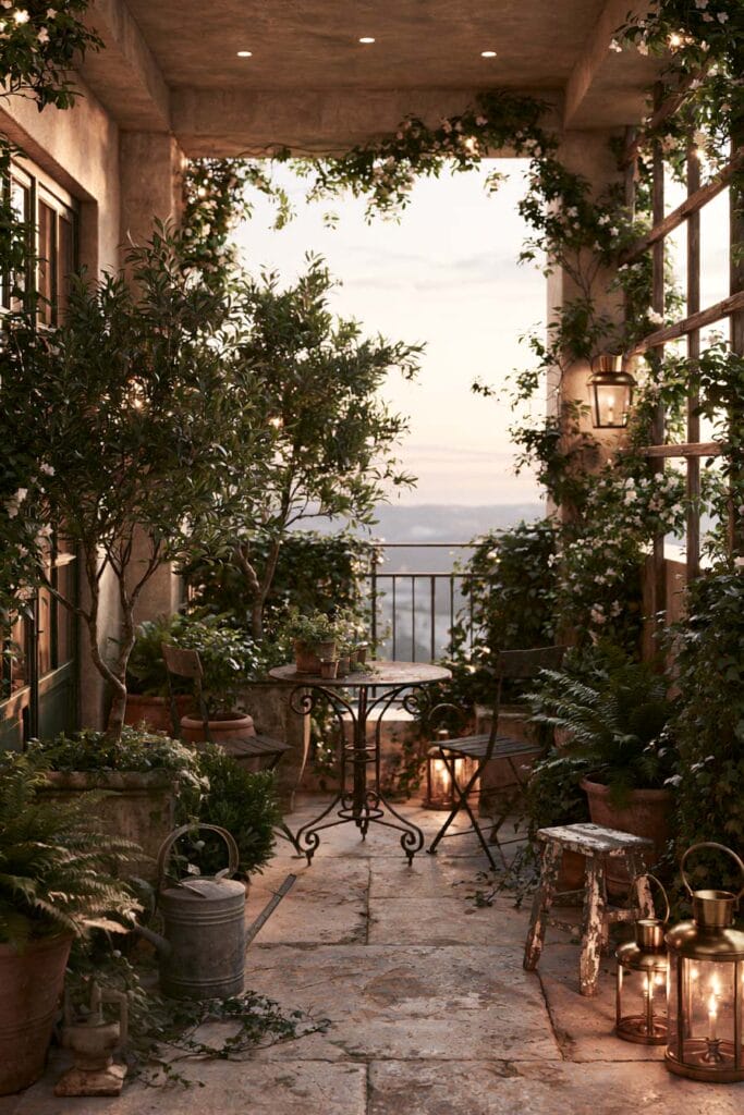Hidden secret garden balcony with weathered stone flooring, vintage lanterns, flowering climbing vines, aged planters, and a European-style bistro table surrounded by lush greenery.