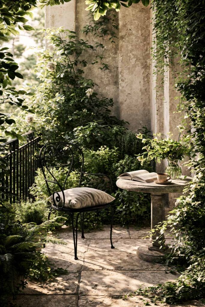 Lush balcony reading corner with climbing vines, flowering plants, a vintage wrought iron chair, stone pedestal table, and layered greenery creating a secret garden retreat.