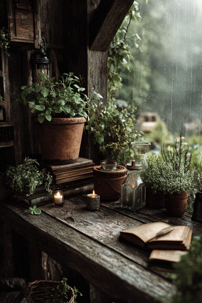 A rustic cottagecore balcony herb garden with terracotta pots of fresh herbs, weathered wooden shelves, vintage books, glowing candles, glass bottles, and a rainy garden view creating a cozy outdoor potting station.