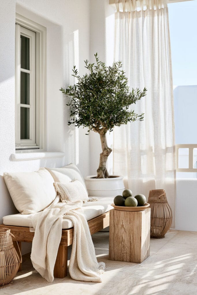 Romantic European balcony inspired by the Greek islands with a built-in wooden bench, white stucco walls, olive tree, sheer linen curtains, and minimalist Mediterranean decor creating a cozy outdoor escape.