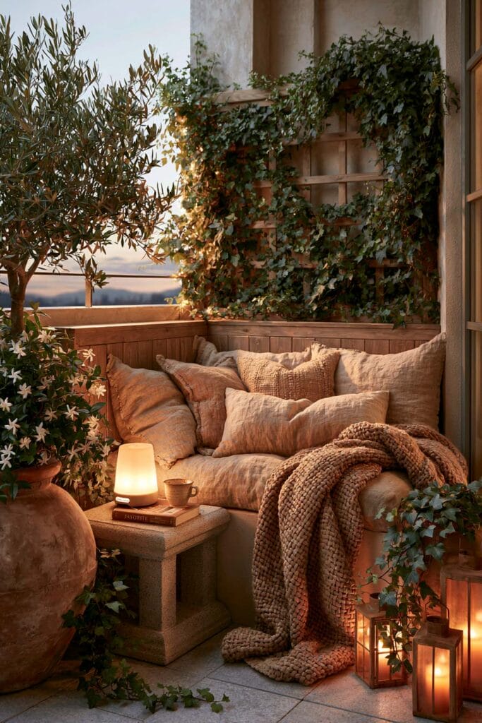 Secret garden balcony reading nook with built-in bench, climbing vine trellis, olive tree, lanterns, cozy cushions, and European balcony decor.