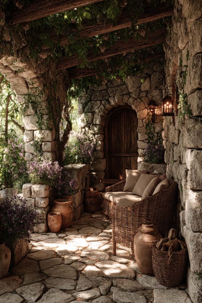 Small cottagecore apartment balcony with weathered stone walls, rustic wicker seating, terracotta pots, climbing greenery, natural wood beams, and vintage lanterns creating a timeless outdoor retreat.