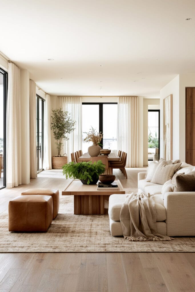 Warm beige, brown, and cream living room with cream sofa, caramel leather ottomans, wood coffee table, neutral rug, and sheer curtains.