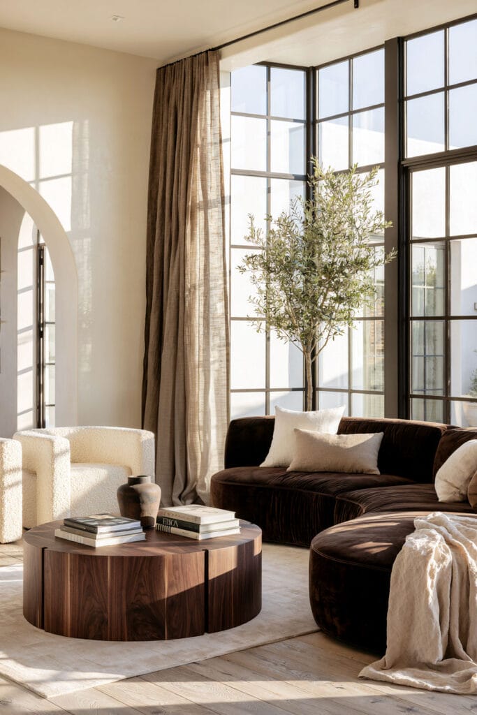 Bright living room with chocolate brown curved sofa, walnut coffee table, cream boucle chair, ivory rug, olive tree, and warm natural light.