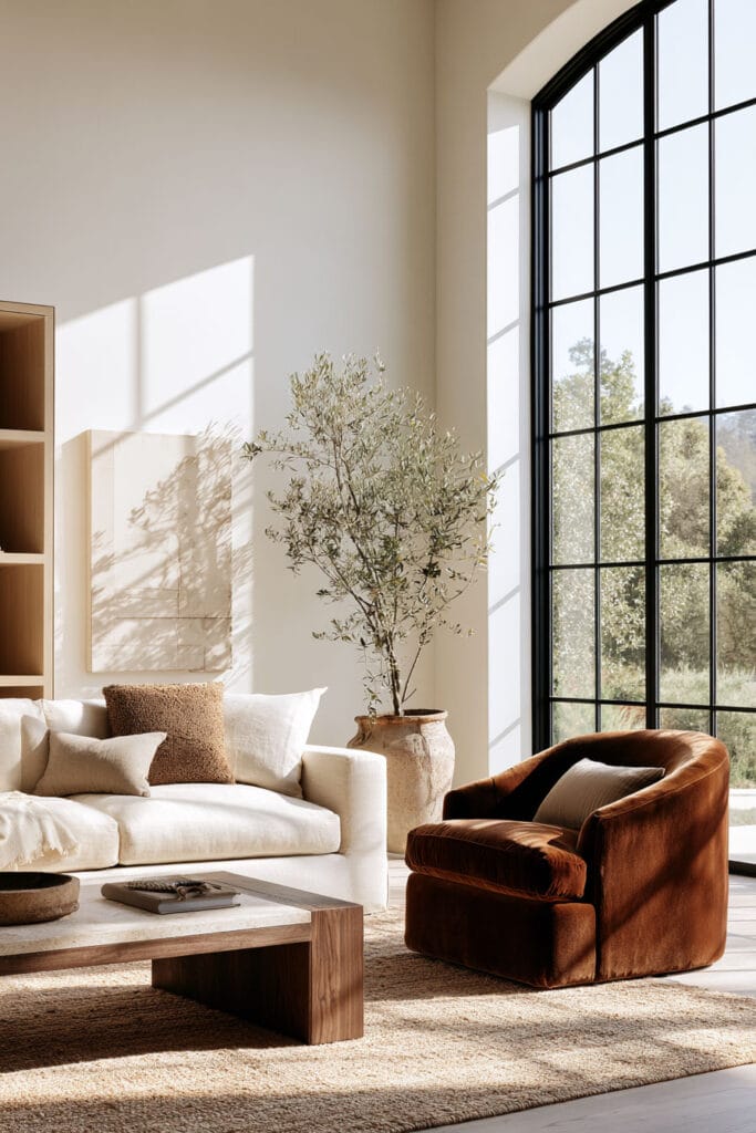 Chocolate brown velvet chair in a warm neutral living room with cream sofa, natural wood coffee table, woven rug, and olive tree.