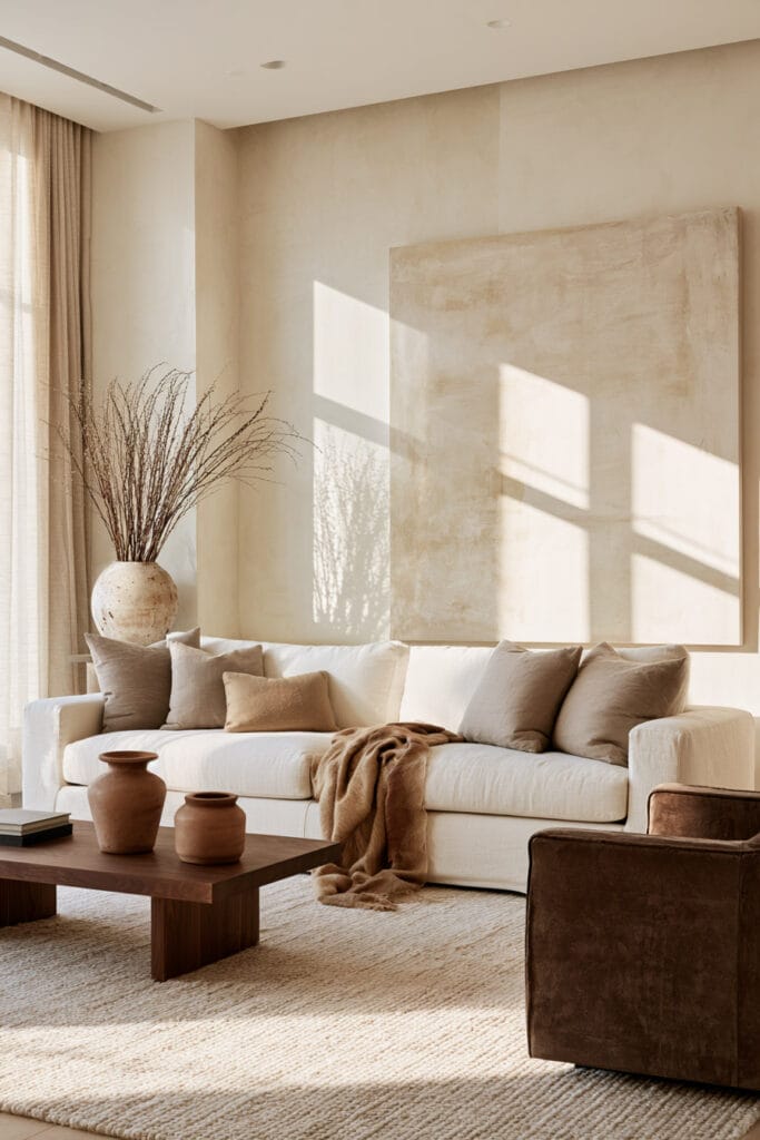Timeless warm neutral living room with cream sofa, beige and brown pillows, wood coffee table, woven rug, and oversized neutral artwork.