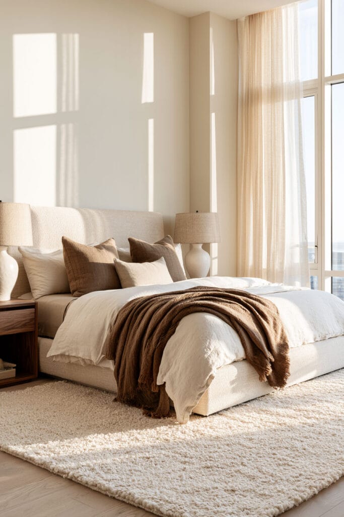 Warm minimalist bedroom with a cream upholstered bed, white bedding, layered brown pillows, a textured throw, sheer curtains, and soft sunlight.