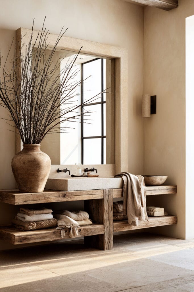 Beige, brown, and cream bathroom with oversized rustic vase, reclaimed wood vanity, stone sink, neutral linens, and warm plaster walls.