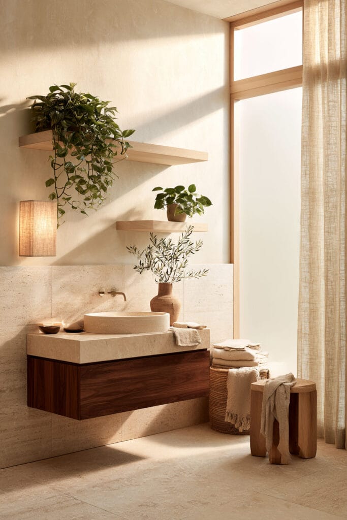 Bright bathroom with chocolate brown wood vanity, cream stone, indoor plants, linen curtains, woven basket, and warm natural light.