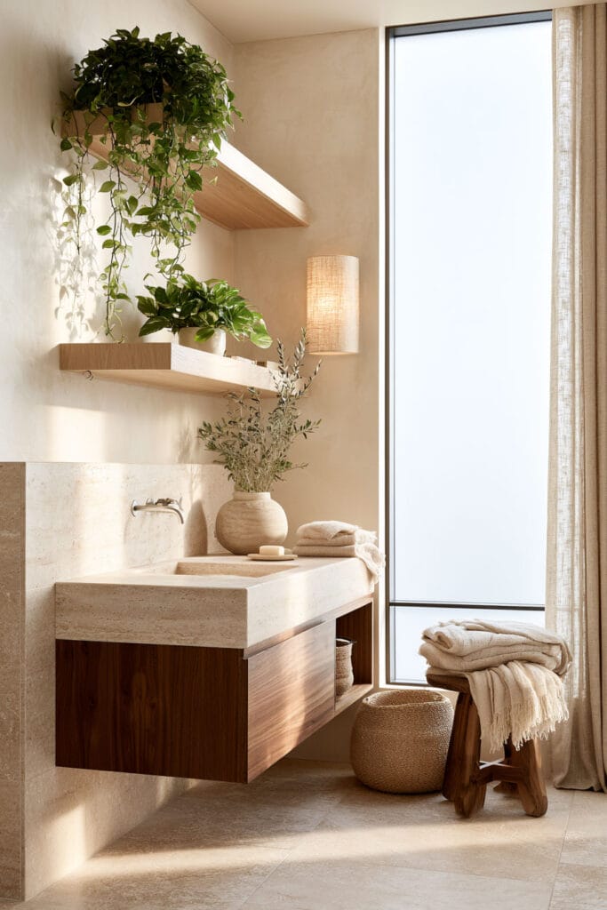Warm bathroom with chocolate brown wood vanity, cream stone sink, indoor greenery, woven accents, and natural linen textures.
