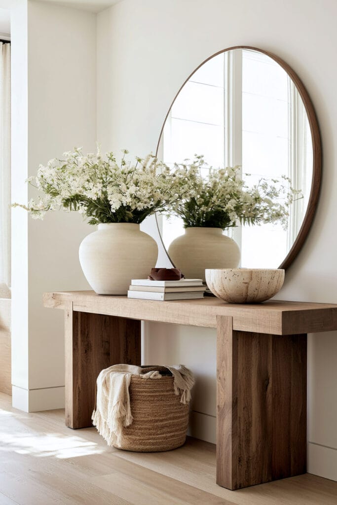Chocolate brown wood console table with round wood mirror, white floral arrangement, stone bowl, woven basket, and warm neutral entryway decor.