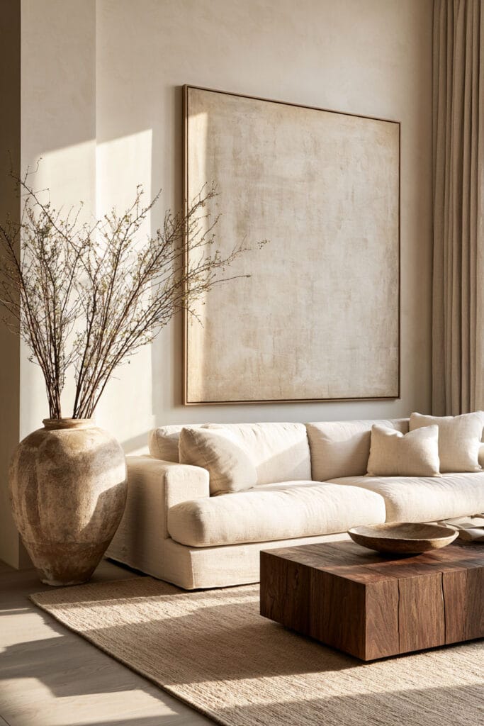Timeless warm neutral living room with cream sofa, oversized neutral artwork, large ceramic vase, dark wood coffee table, and textured beige rug.