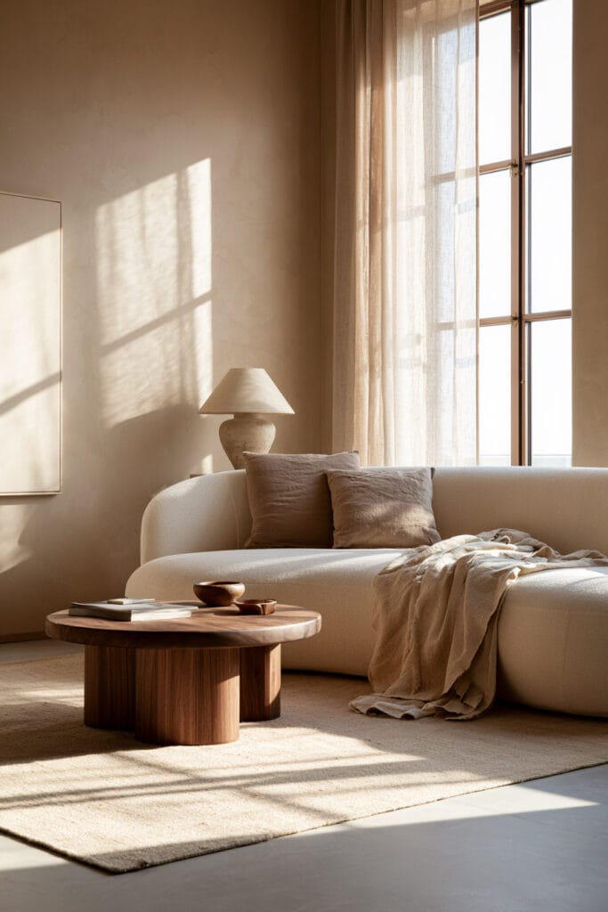 Warm minimalist living room with a curved cream sofa, round wood coffee table, linen pillows and throw, neutral rug, and soft natural sunlight.