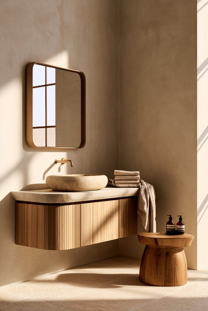 Beige, brown, and cream bathroom with curved wood vanity, stone vessel sink, wood-framed mirror, neutral linens, and sculptural wood stool.