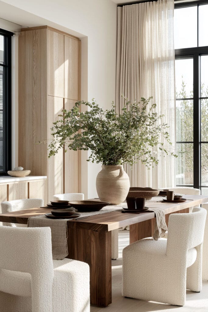 Chocolate brown wood dining table with cream upholstered chairs, large ceramic vase, leafy branches, linen accents, and warm neutral dining room decor.