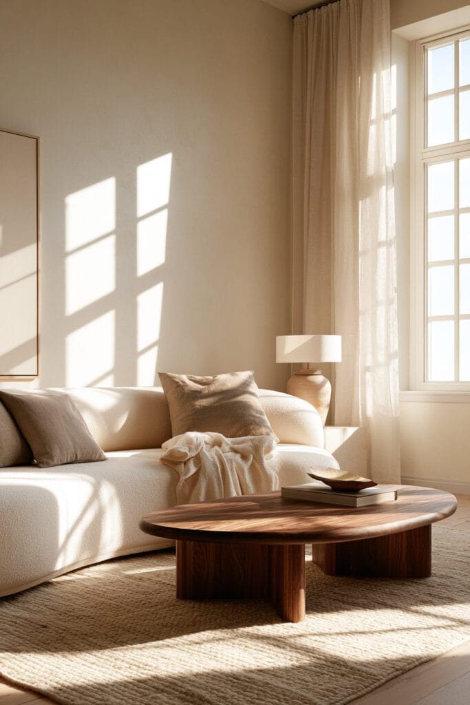 Timeless warm neutral living room with curved cream sofa, taupe pillows, oval wood coffee table, linen curtains, and textured beige rug.