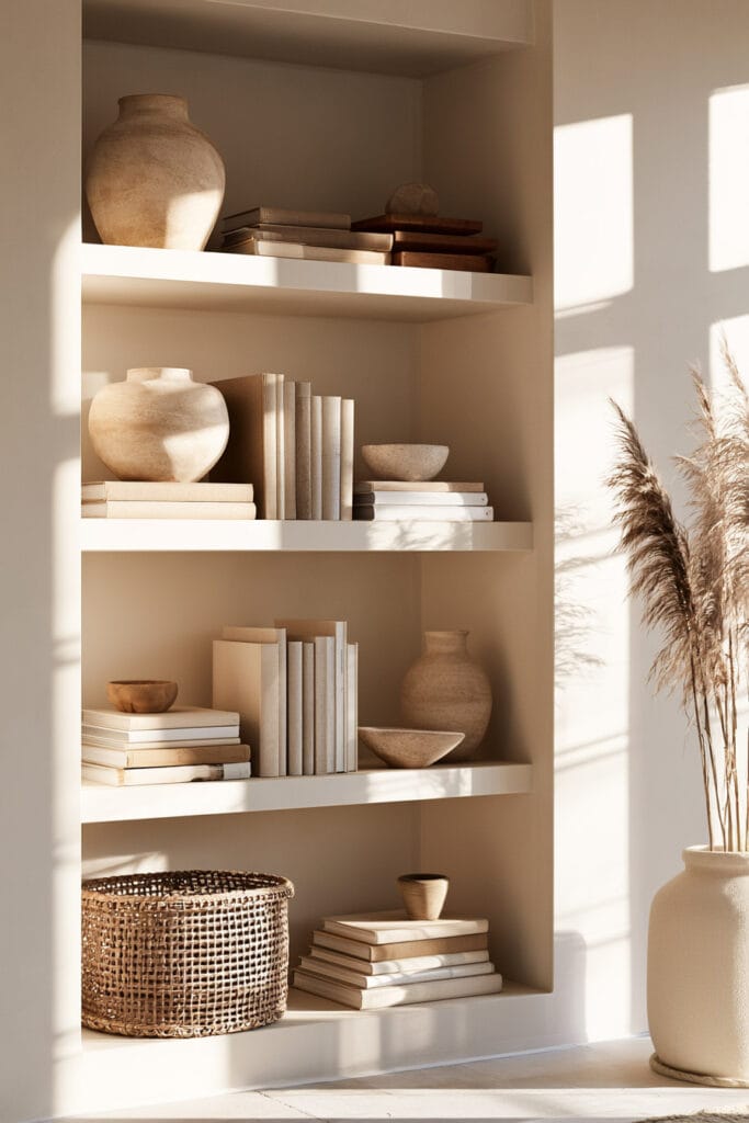 Warm minimalist built-in shelves styled with neutral books, earthy ceramic vases, wood bowls, a woven basket, and natural sunlight.