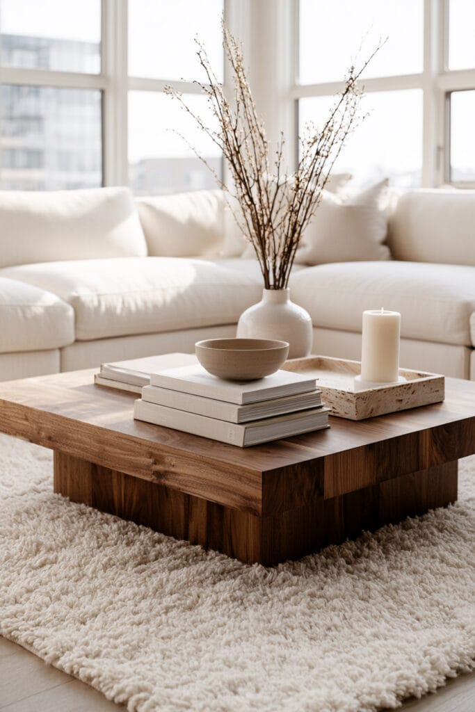 Brown wood coffee table styled with neutral books, ceramic vase, stone tray, and candle beside a cream sofa and textured ivory rug.