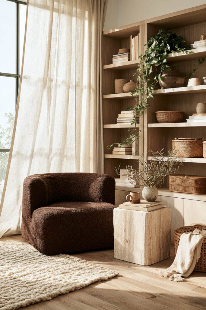 Chocolate brown textured chair with light wood built-in shelves, stone side table, woven baskets, greenery, and warm neutral decor.