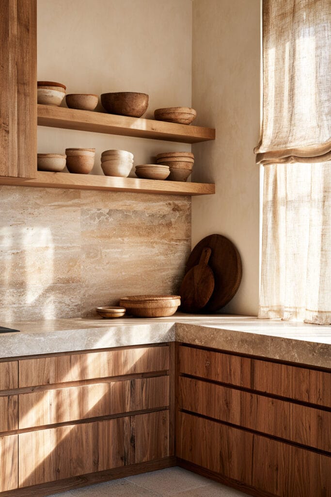 Chocolate brown wood kitchen cabinets with natural stone countertops, open wood shelves, handmade pottery, wooden bowls, and linen curtains.