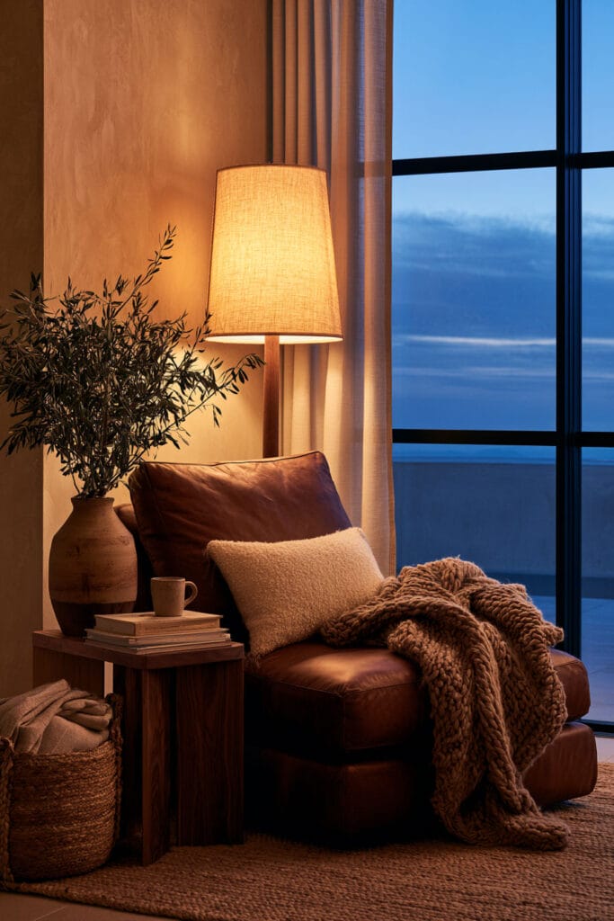 Chocolate brown reading corner with brown leather chair, warm floor lamp, cream pillow, chunky knit throw, natural wood, and layered lighting.