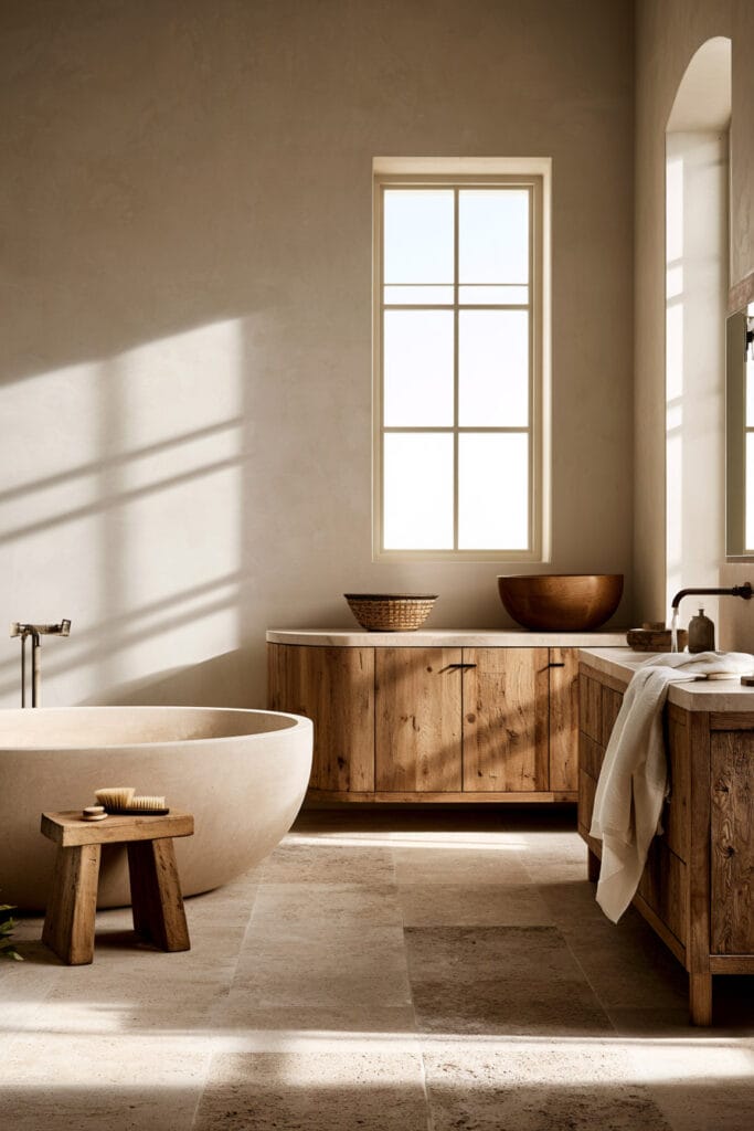 Timeless warm neutral bathroom with rounded freestanding tub, natural wood cabinets, cream plaster walls, stone floors, and wood stool.
