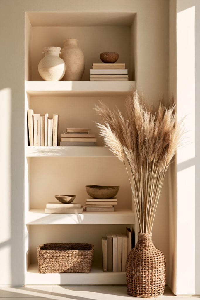 Warm minimalist built-in shelves with neutral books, ceramic vases, woven baskets, dried grasses, and intentional neutral decor in warm sunlight.