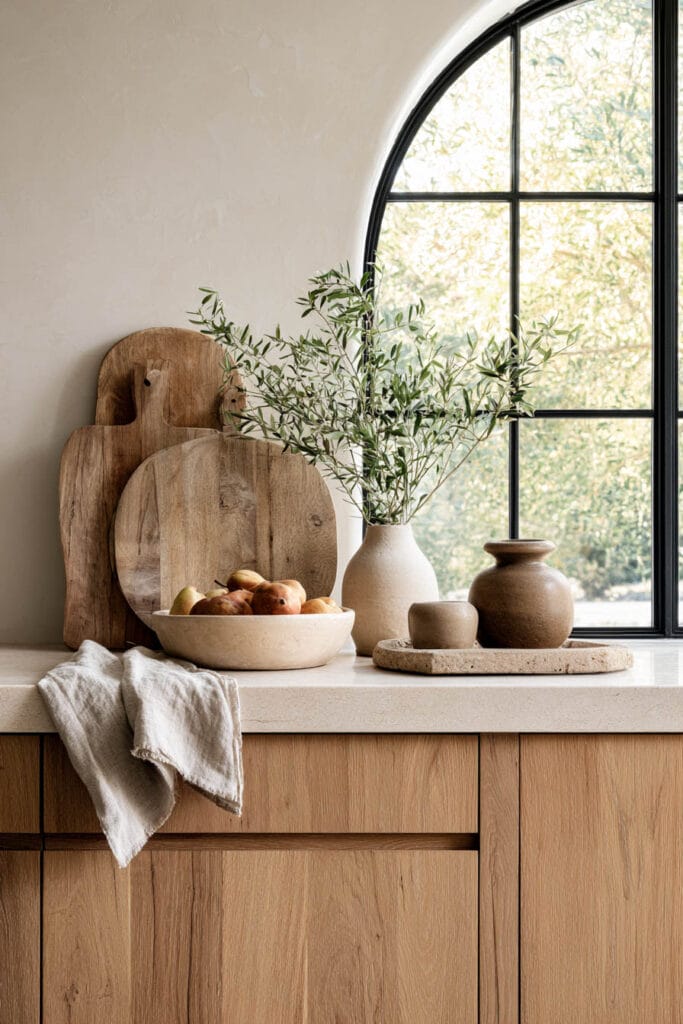Beige, brown, and cream kitchen with warm wood cabinets, cream stone countertop, wood cutting boards, neutral ceramics, and greenery.