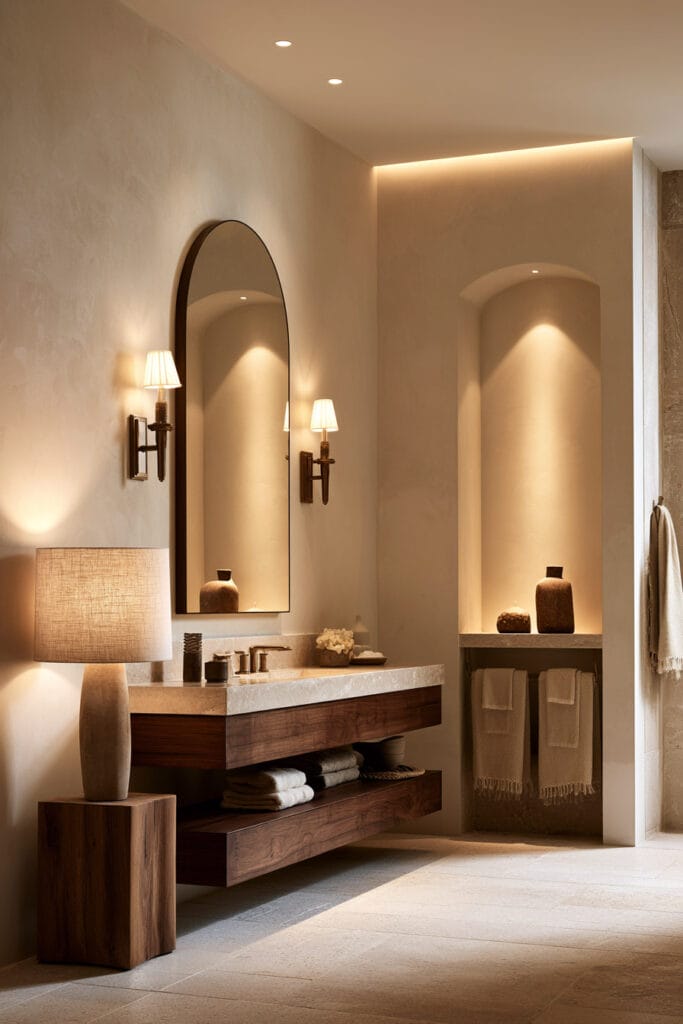 Chocolate brown wood bathroom vanity with cream stone, arched mirror, wall sconces, table lamp, and warm layered lighting.