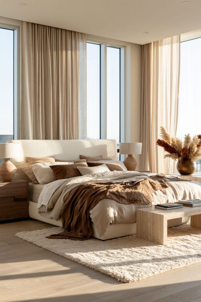 Bright neutral bedroom with cream upholstered bed, chocolate brown throw, layered beige bedding, light rug, pale wood floors, and natural sunlight.
