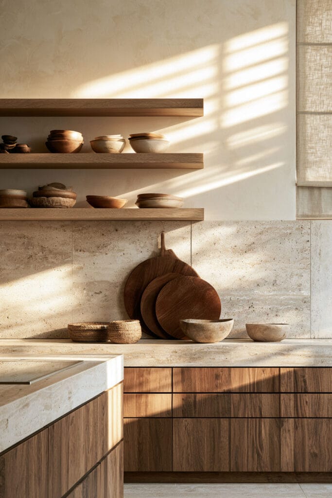 Chocolate brown wood kitchen cabinets with cream stone countertops, open shelving, wooden cutting boards, and earthy ceramic decor.