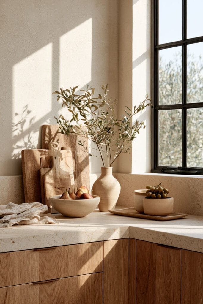 Timeless warm neutral kitchen with wood cabinets, cream stone countertops, wood cutting boards, neutral pottery, and olive branches.