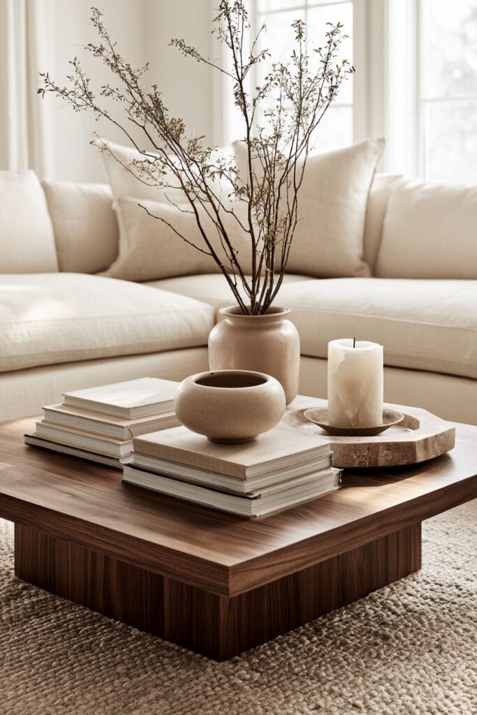 Warm minimalist coffee table styled with neutral books, ceramic vases, natural branches, a pillar candle, and a rich walnut finish.