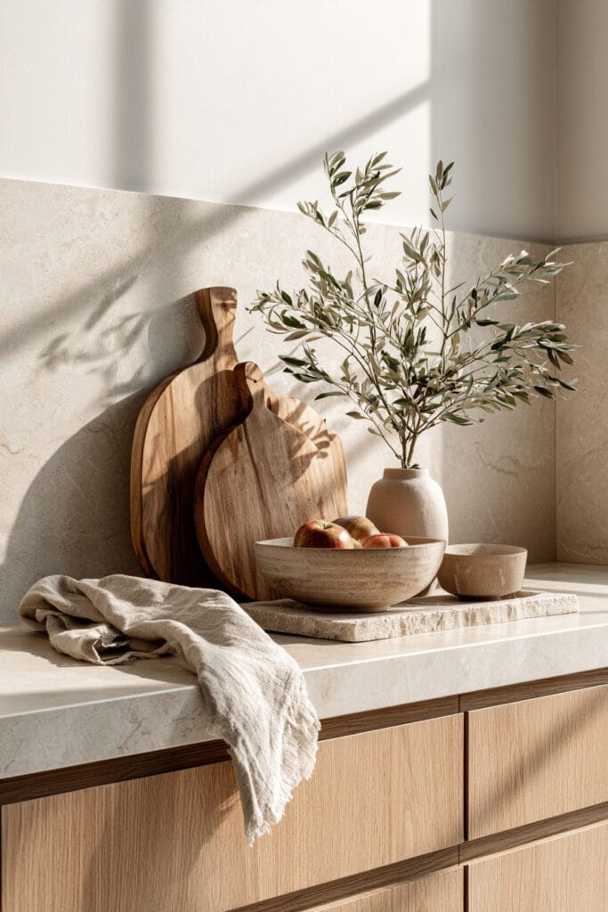 Beige, brown, and cream kitchen with warm wood cabinets, cream stone countertop, wood cutting boards, ceramic bowls, linen, and greenery.