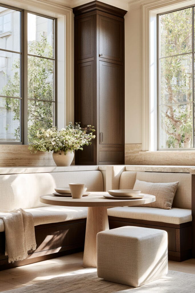 Chocolate brown built-in cabinetry and wood banquette with cream upholstery, light wood table, neutral decor, and bright natural light.