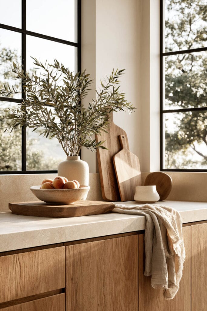 Timeless warm neutral kitchen with wood cabinets, cream countertops, layered cutting boards, ceramic vase, olive branches, and natural decor.