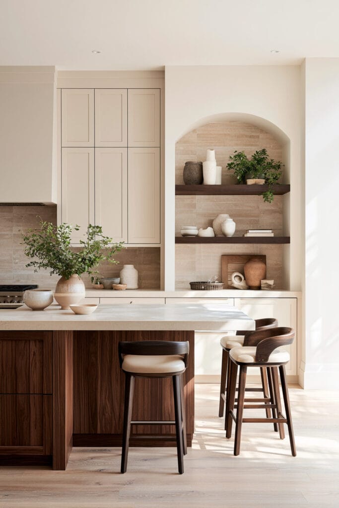 Warm minimalist kitchen with deep walnut island, dark wood stools and shelves, cream cabinets, beige stone, arched niche, and neutral decor.