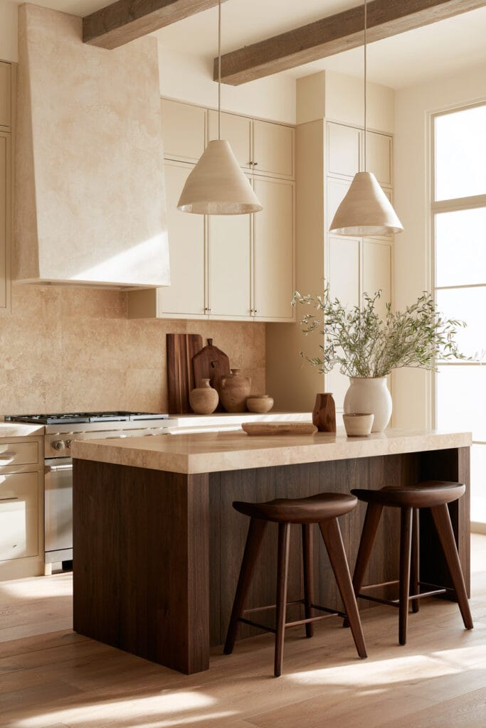 Beige, brown, and cream kitchen with dark brown wood island, wood counter stools, cream cabinets, stone countertops, and natural wood beams.