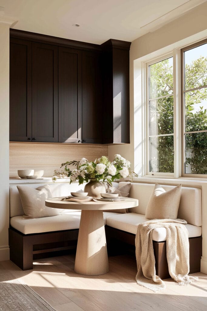 Bright breakfast nook with chocolate brown cabinetry, cream upholstered seating, pale wood pedestal table, and warm neutral decor.